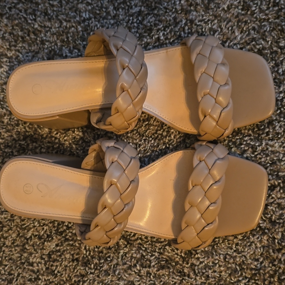 Women’s Chunky Double Braided Sandal Heels Nude Square Toes Leather Comfortable